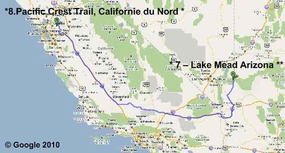 Cartographie 3 : Into The Wild. Nouvelle destination de Christopher : Pacific Crest Trail, Californie du Nord. Août 1990. Distance parcourue : Arizona - Californie : 683 miles (1100 Km.)