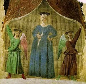 Image-Peinture, La Madone del Prato, de Pierro della Francesca, 1467, 206 x 203 cm. Fresque détachée, restaurée et transférée au musée de Monterchi en Toscane (Italie).