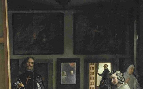 Image - Peinture 2  : Les Ménines (Détail), Diego Vélasquez. Sur les murs des tableaux de la main du gendre de Vélasquez, del Mazo, à partir de Rubens et de Jordaens.
