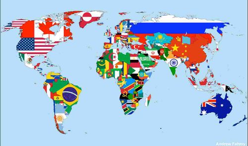 Carte du monde avec les drapeaux correspondant aux pays.